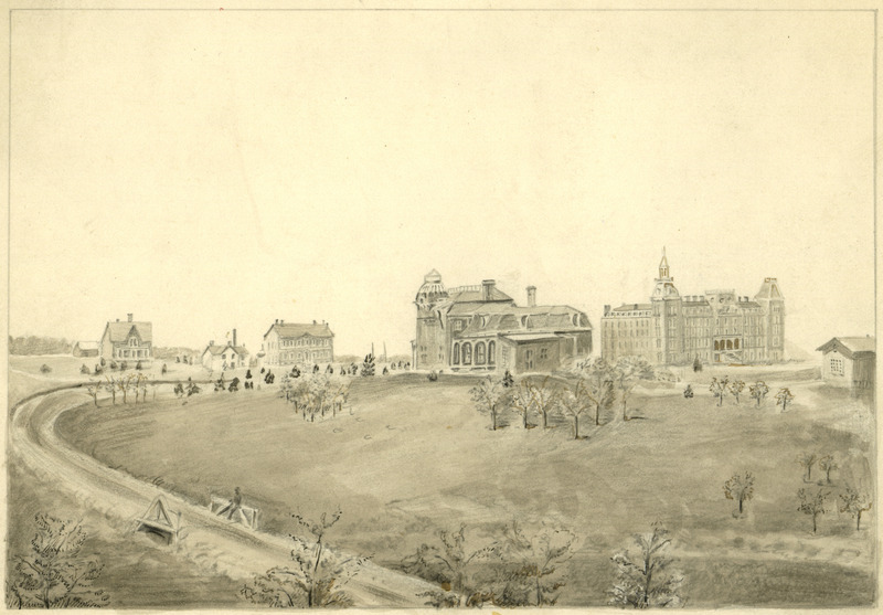 Drawing of Iowa State University (then called Iowa Agricultural College) from 1870. Buildings from left to right: Music Hall; Workshop; Chemical & Physical Hall on site of New Classroom Building; President's home, later Music Hall called South Hall across the street from Memorial Union (perspective poor); Main Building. Union Drive is in the foreground.