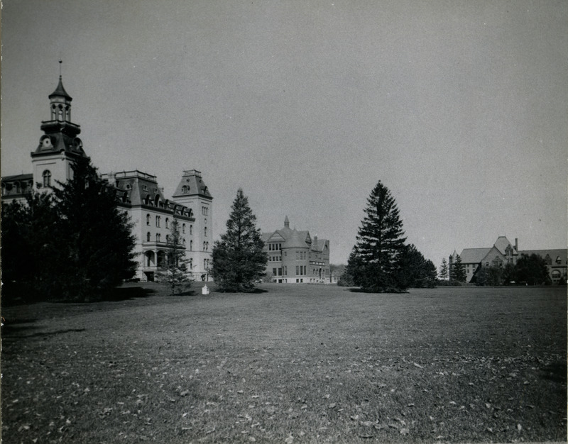 Iowa State University campus, sometime between 1895 and 1900. The Old Main building is on the left. Morrill Hall Is seen in the center.