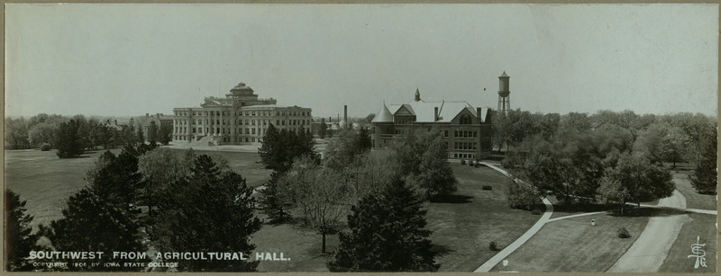 Central Building (later known as Beardshear Hall) is the large building on the left and Morrill Hall is on the right in front of the Marston Water Tower. The Hub is between the two buildings, 1906.