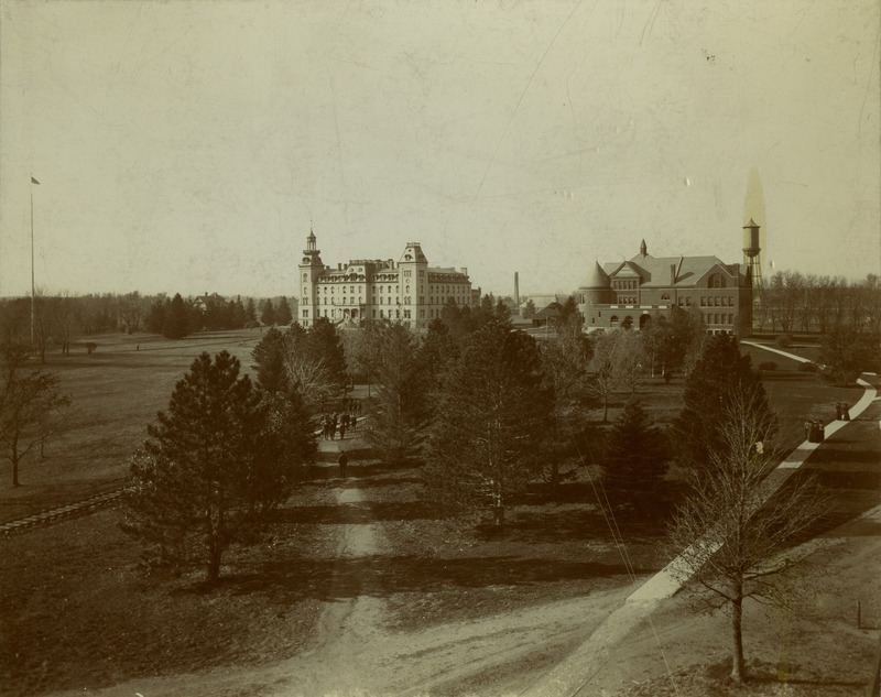 Old Main (left) and Morrill Hall (right) from a distance.