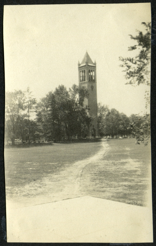 A worn path leads up to the campanile, circa 1910.