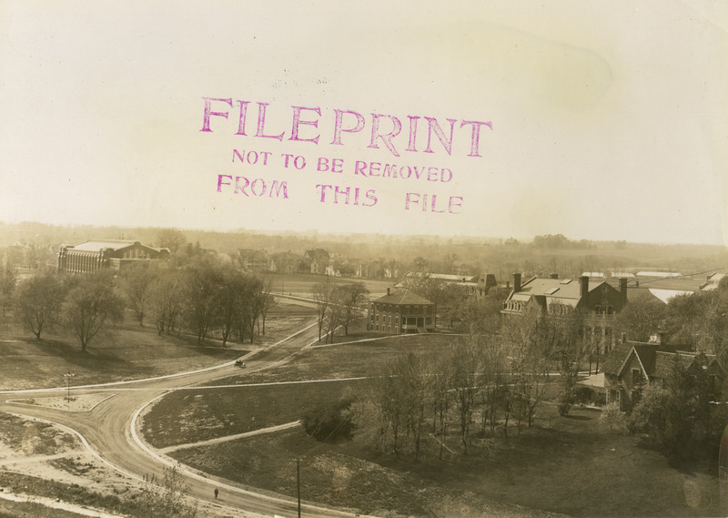 Aerial view of group of buildings. State Gym is on the left.