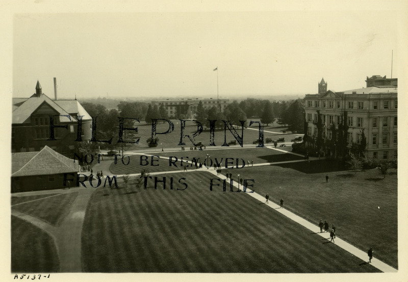 View of Iowa State University Campus. Morrill Hall can be seen on the left, Beardshear Hall on the right, and Curtiss Hall toward the center off in the distance.