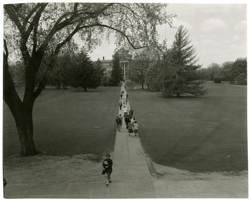 Iowa State University campus in 1954. Beardshear Hall can be seen in the distance.