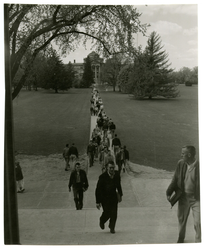 Central campus, view from Curtiss Hall. Beardshear Hall is seen in the background.