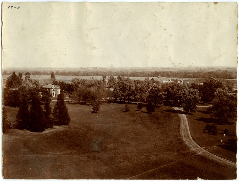 The Horse and Cattle Barns on the far right are largely obscured by the trees. The Old Horticultural Laboratory (later known as Horticultural Laboratory) with the Palladian window above the entrance is at the center of this image, 1904.