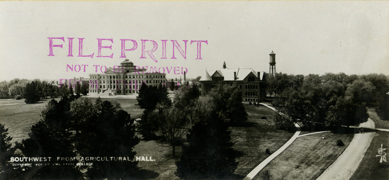 Central Building (later known as Beardshear Hall) is the large building on the left and Morrill Hall is on the right in front of the Marston Water Tower. The Hub is between the two buildings, April 11, 1906.