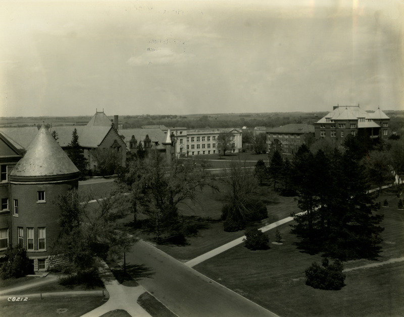 Morrill Hall and Ladies Hall (later known as Margaret Hall) are on the left and Botany Hall (later known as Carrie Chapman Catt Hall is on the far right, 1929.