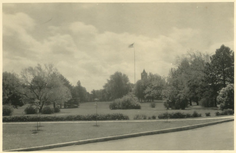 The Campanile and flag pole are visible in this view of central campus.