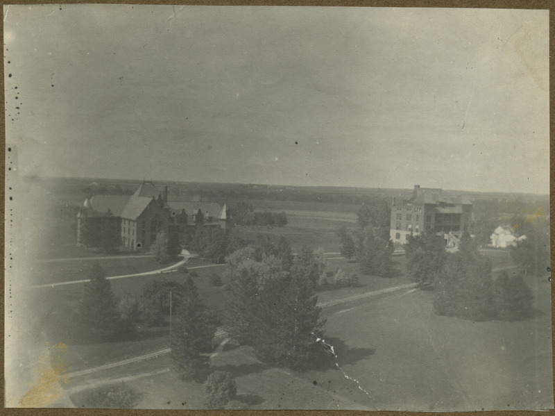 Aerial view of Margaret Hall (left) and Carrie Chapman Catt Hall (right).