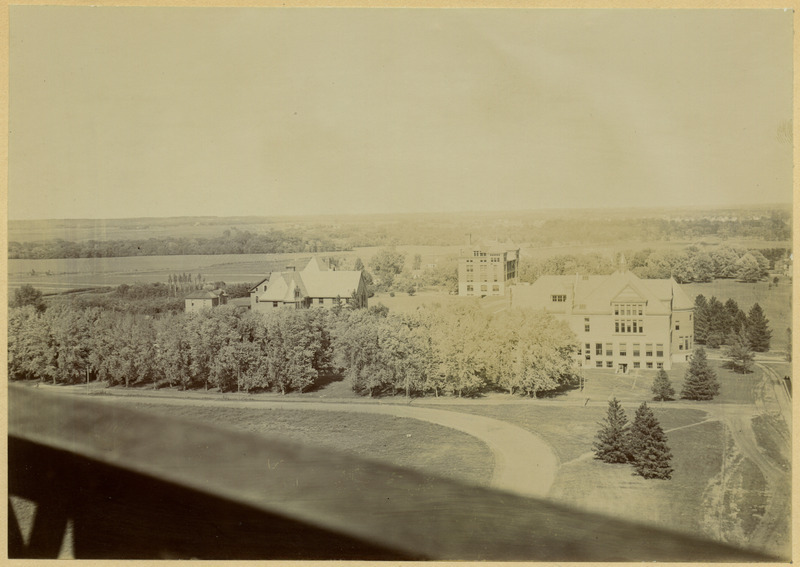 High-level view of Margaret Hall, Carrie Chapman Catt Hall, and Morrill Hall.