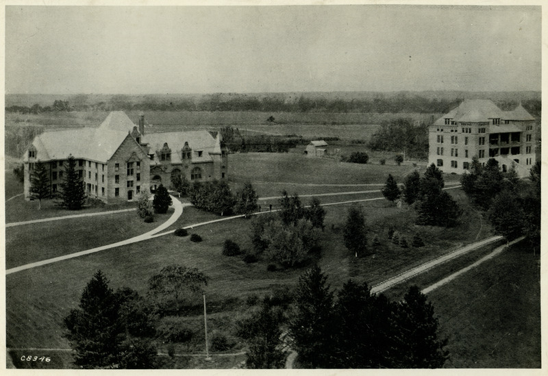 Looking northeast from Old Main, Ladies Hall (Later known as Margaret Hall) is on the left and Botany Hall (later known as Carrie Chapman Catt Hall) is on the right, 1896.