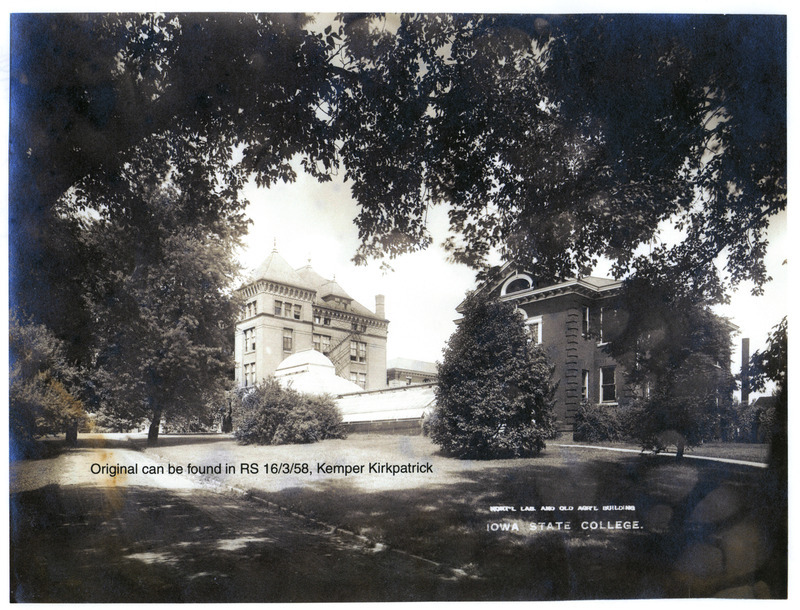 Old Agricultural Hall (later known as Botany Hall and Carrie Chapman Catt Hall) is on the left and the Horicultural Laboratory is to the right.