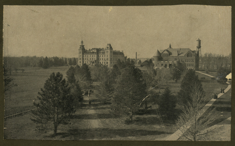 The Old Main building (left) and Morrill Hall (right). The Old Main building was damaged in a fire in 1900.