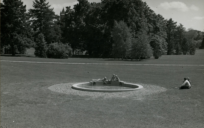 Fountain in front of Home Economics, dedicated during 1942 Veishea, done by Christian Petersen. "I believe all children good if they are only understood. Even bad ones seem to me's jest as good as good can be." by James Whitcomb Riley.