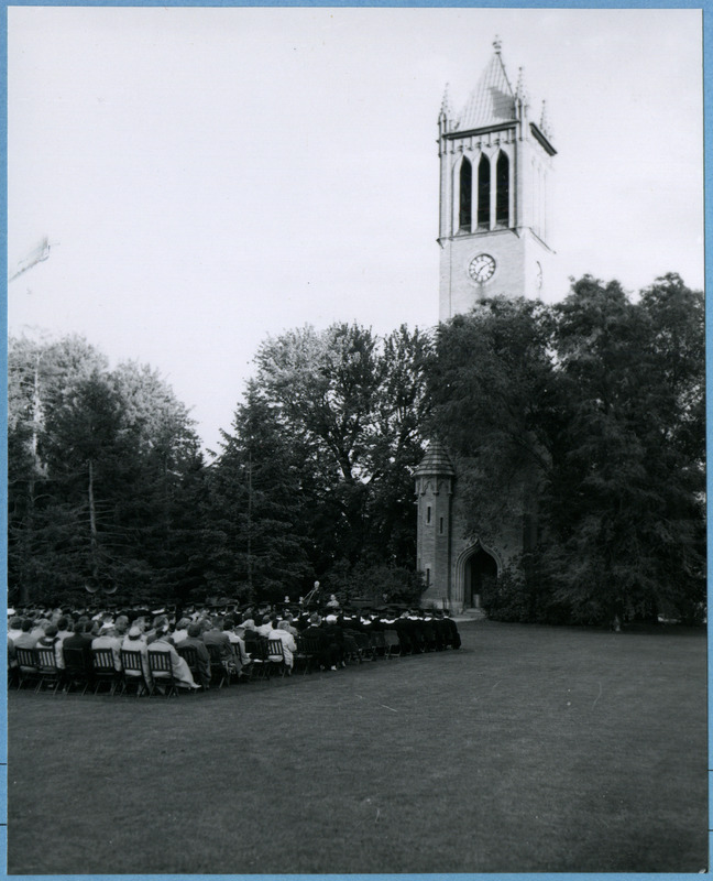 Commencement ceremony held in 1955. The Campanile is in the background.