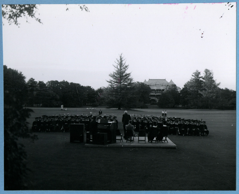 Commencement ceremony held in 1955. Catt Hall is in the background.