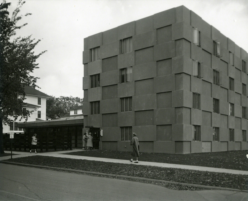 Westgate Hall in 1955. Several young women, who appear to be students, can be seen walking nearby.