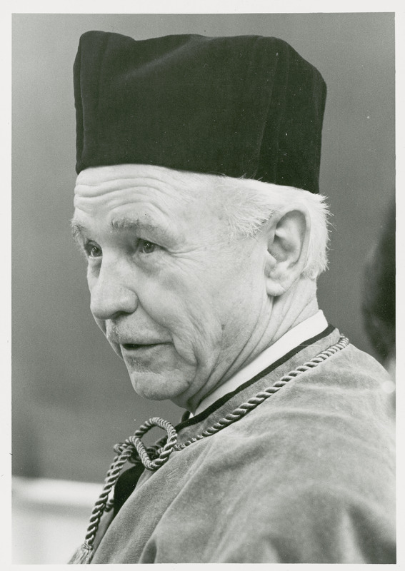 Earl O. Heady wears the dark academic hat that was part of his honorary doctorate robes from Warsaw Agricultural University in Poland, 1979.