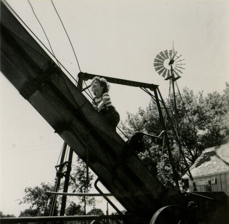 Viewed from below, little Sorenson climbs up the conveyor that carries crops from the wagon to the top of the bins on the family farm, in an example of a farm safety issue.