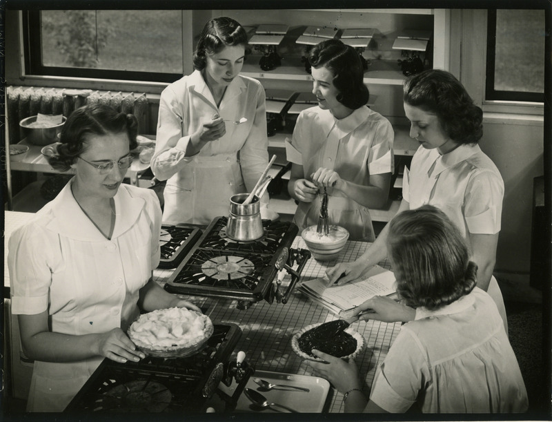 Photograph shows various steps of cooking a pie.