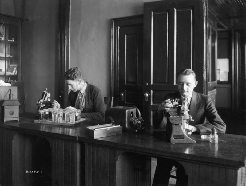 Two men are seated at a lab table working on experiments in the Botany Lab. The man on the left is taking a microscopic slide out of a liquid-filled glass container.