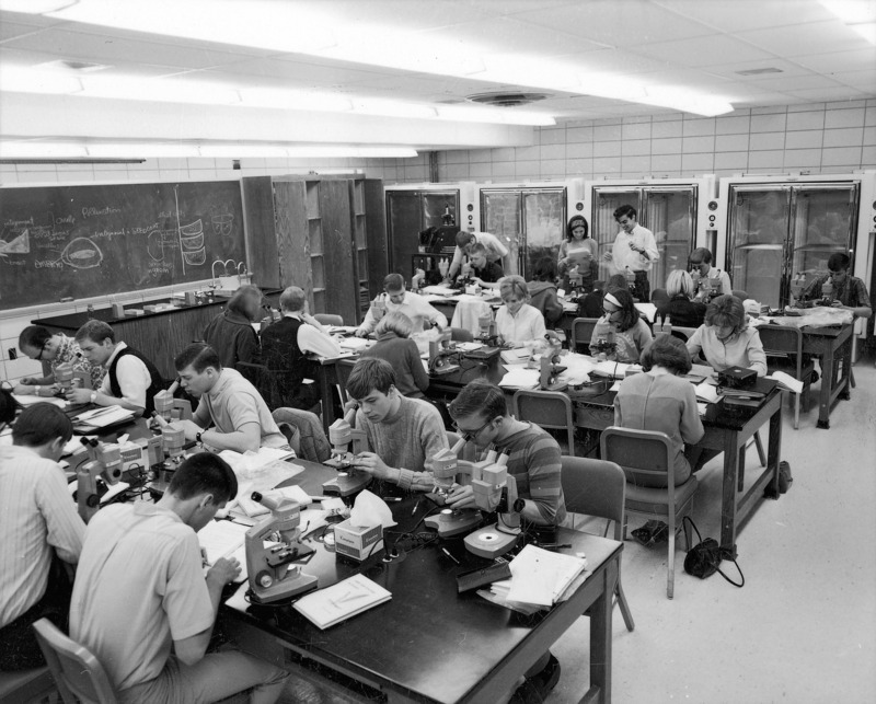 Botany students are looking through microscopes and taking notes in this classroom in Bessey Hall. Some students are working together at the back of the room.