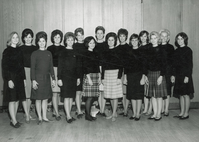 The fifteen homecoming queen candidates are standing in two rows in this formal portrait.