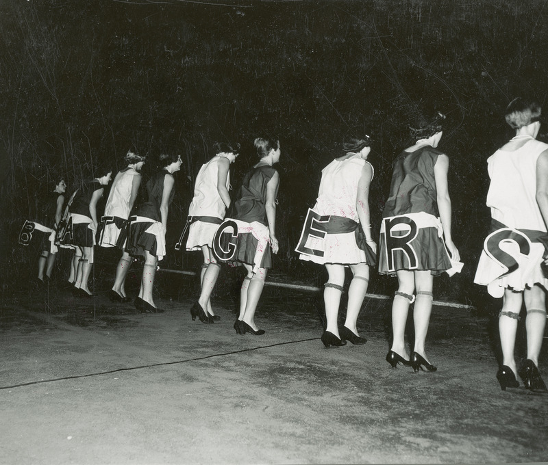 This chorus line which is performing during the homecoming barbeque is facing away from the audience. The women are wearing similar dresses, shoes and hose, including a garter on the left leg. There are letters attached to the backs of the women's dresses.