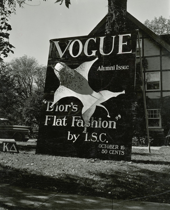 Kappa Delta, Sigma Sigma Chapter's lawn display won second place in the Sorority Division. The large banner display features a flattened buffalo on the October 16 "Alumni issue" of Vogue magazine. The cover reads "Dior's Flat Fashion by I.S.C.".