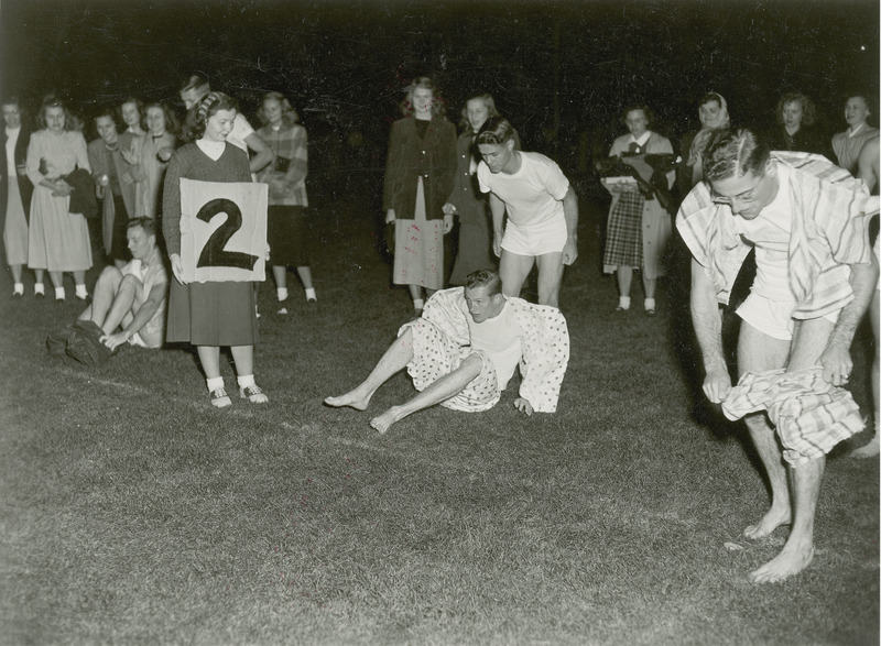 Students are participating in the pajama relay before the Homecoming Pep Rally, 1948.