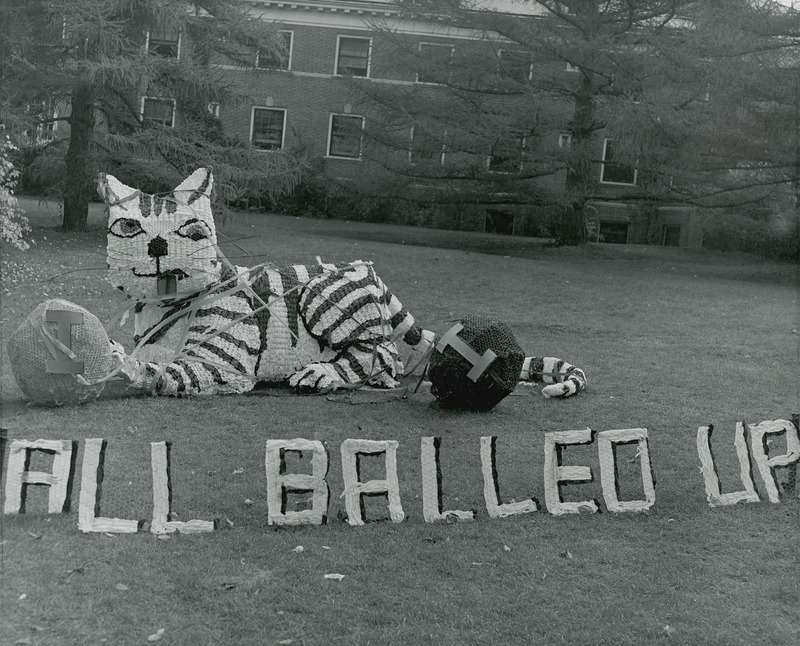 The Lyon Hall lawn display features a large cat is lying on the grass tied up with balls of yarn. A sign in front reads "All bawled up.".