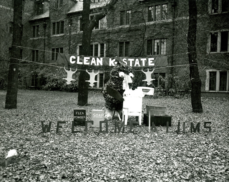 Stange House's lawn display, "Clean K-State" features Cy washing the Kansas State Wildcats in a tub and hanging them out to dry. This display won first place in the Men's Residence Hall category.