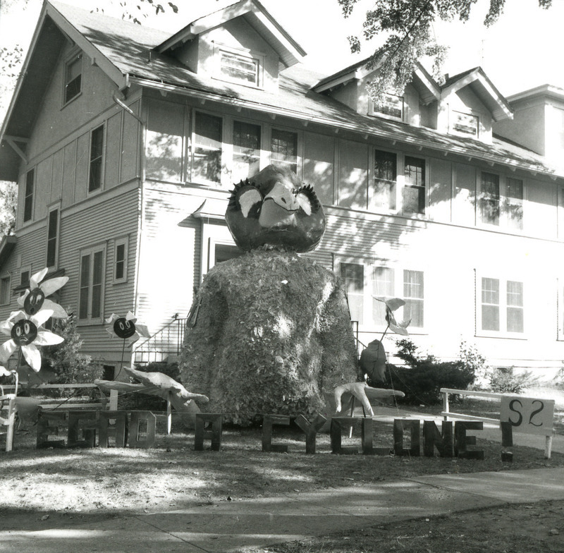 This Kappa Alpha Theta lawn display features a large Jayhawk standing behind a sign that reads, "Egad a Cyclone.".