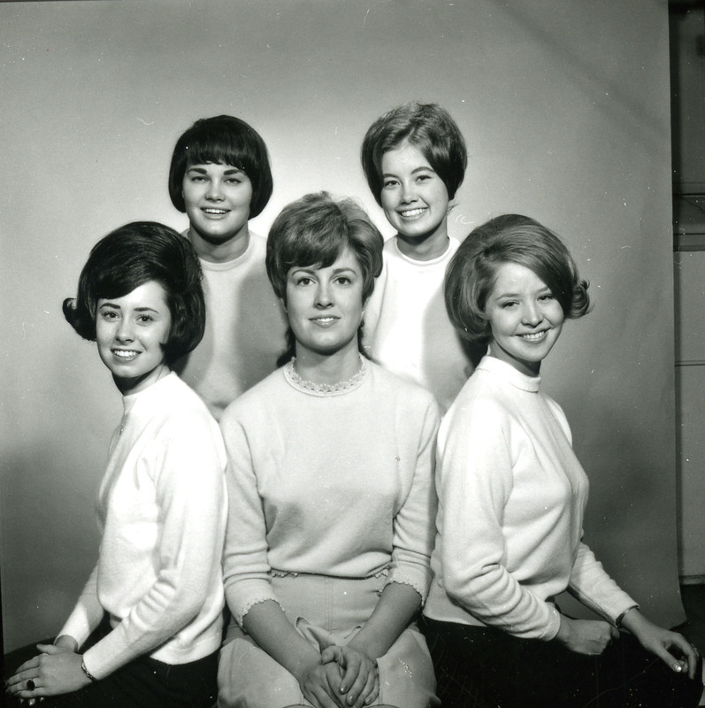 Homecoming Queen candidates for 1966 are shown. They are front row (left to right): Bev Johnson, Margie Vogelaar, Jane Henrikson; back row (left to right): Sharon Sorenson, Jane Mack.