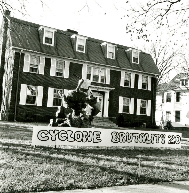 The Homecoming lawn display of Phi Gamma Delta, Alpha Iota chapter, shows Cy battling with the Kansas University Jayhawk mascot in a demonstration of Cyclone Brutality, 1968.