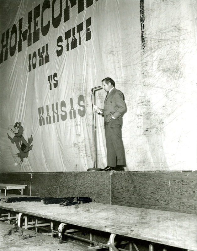 Football coach Johnny Majors, speaks at the pep rally on the night before Homecoming, 1969.