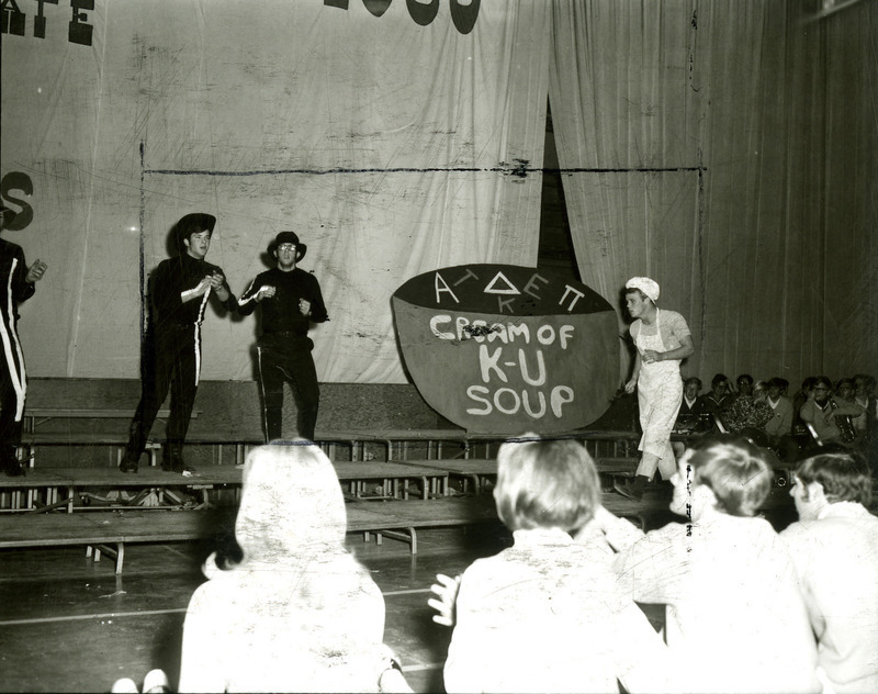 Alpha Delta Pi, Pi Chapter, and Tau Kappa Epsilon, Epsilon Chapter, perform a skit with Cream of K-U Soup, on the night before Homecoming, 1969.