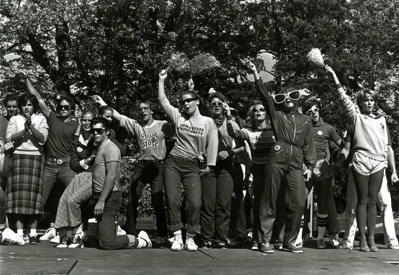 Kappa Kappa Gamma and Delta Upsilon win Yell-Like-Hell while dressed in punk rock fashion for Homecoming, 1980.