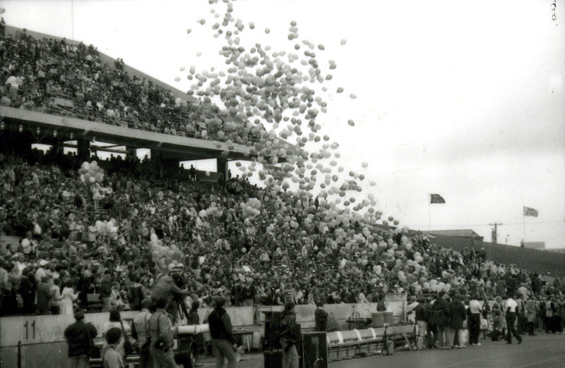 Balloons are released from the football field stands at Homecoming, 1985.