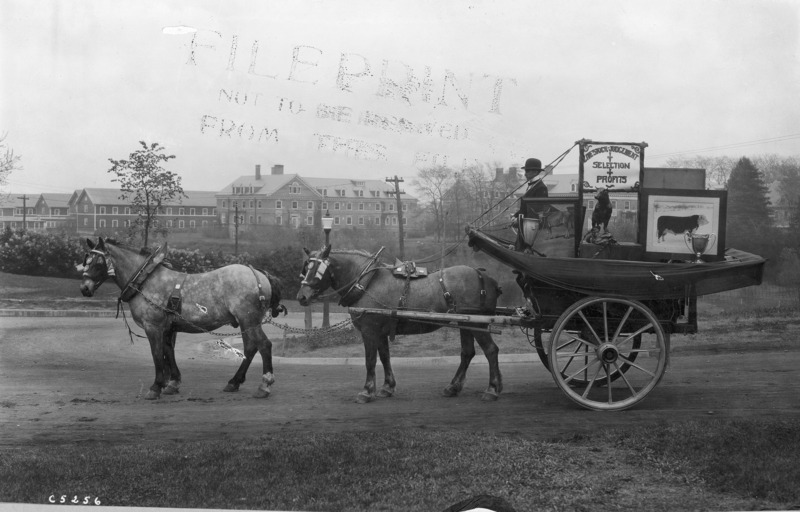 A 1923 horse-drawn VEISHEA Animal Husbandry float. The sign reads: "Livestock-Judgement Selection Profits." See photograph 1722-2-2 for another view of the same float. "FILEPRINT NOT TO BE REMOVED FROM THIS FILE" has been stamped in ink.