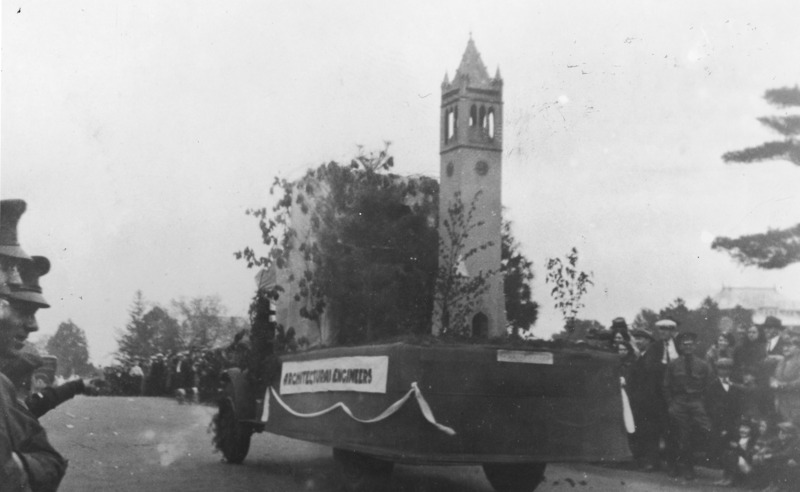 A 1923 VEISHEA float from the Department of Architectural Engineering. The float carries a replica of the Campanile with landscaping. The flatbed truck is labeled "Architectural Engineers" on the side. See photographs 1722-2-7 and 1722-2-8 for other views of the same float.