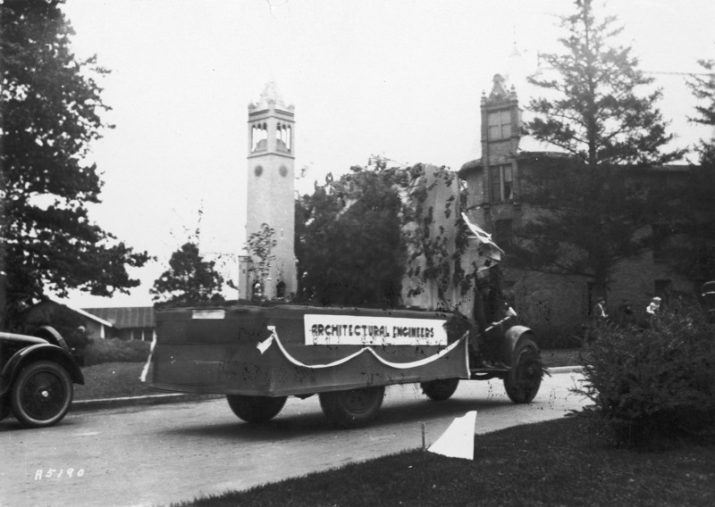 A 1923 VEISHEA float from the Department of Architectural Engineering. The float carries a replica of the Campanile with landscaping. The flatbed truck is labeled "Architectural Engineers" on the side. See photographs 1722-2-6 and 1722-2-8 for other views of the same float.