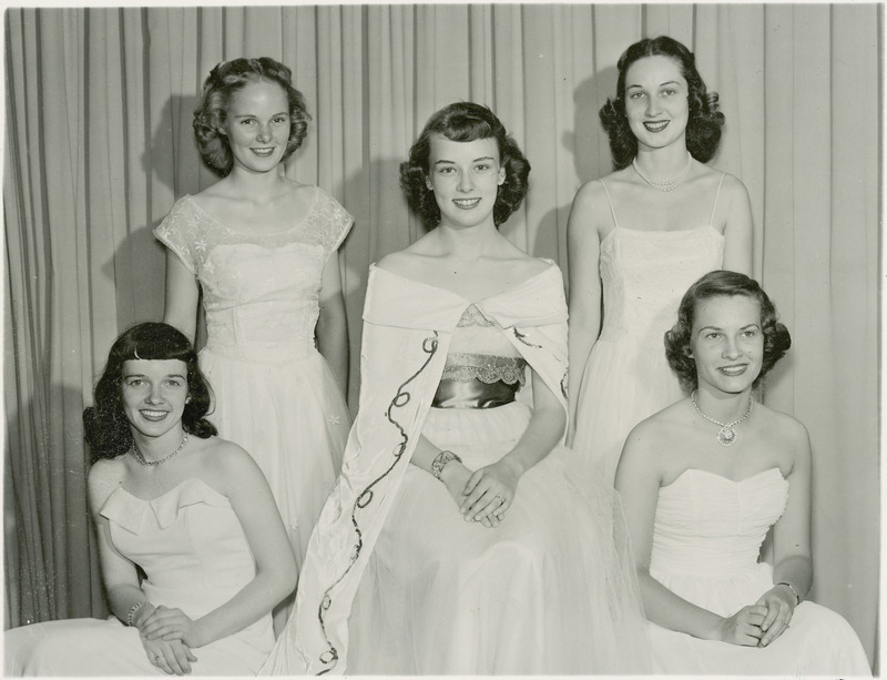 1949 VEISHEA queen and her attendants. Front row (left to right): Mirm, Keilman, Dorthea Kuschmann; center: Eleanor Rickman, queen; back row (left to right): Joan Wienhardt, Pat Hussey.