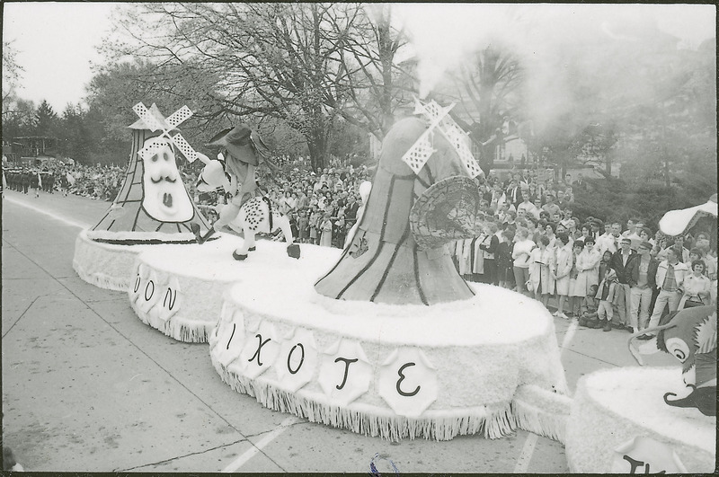 A 1967 VEISHEA parade float. The Tau Kappa Epsilon float "Don Quixote" depicts Don Quixote on a horse tilting at windmills.