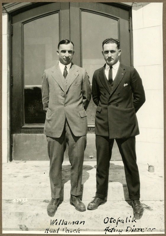 Samuel S. Willaman, Professor and Head Football Coach and Hugh M. Otopalik, Associate Professor and Head Wrestling Coach pose for a photograph, 1923.