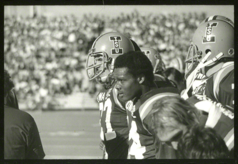 Iowa State University football player Dexter Green watches from the sidelines during matchup against Kansas State University, November 4, 1978.