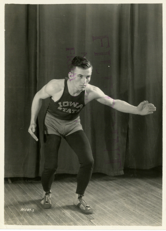 Merrill Frevert, Iowa State University wrestler, poses for a portrait, January 22, 1932. In 1932, Frevert won the Big Six Conference title.