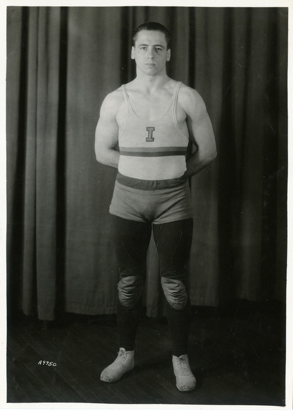 George Martin, Iowa State University wrestler, is standing for a portrait, May 16, 1933. He was a two time Big Six Champion, placed third in the NCAA Tournament in 1932, and was NCAA champion at 165 pounds in 1933.