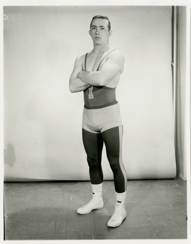 Larry Hayes, Iowa State University wrestler, poses for portrait, 1962.